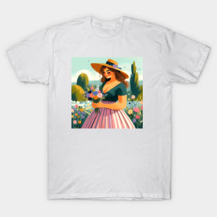 Beautiful woman in a dress holding flowers in nature landscape art T-Shirt